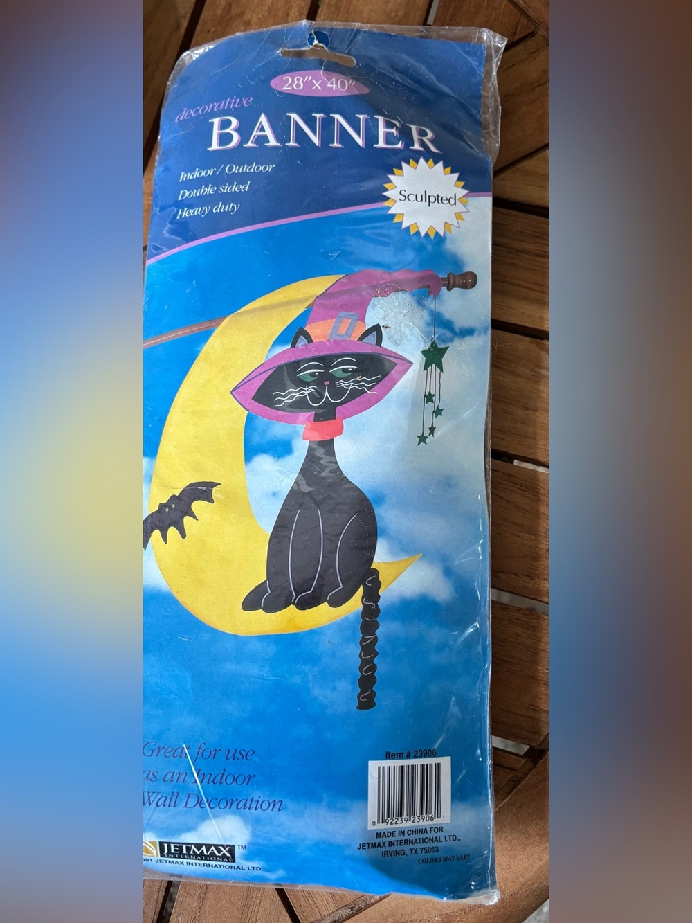 NOS Black Cat Halloween Banner Flag 40”x28” Moon Shaped Stars Bat New